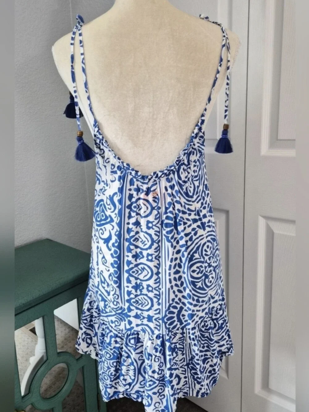 Maaji Blue White Mosaic Print Tile Swim Coverup Dress Large Boho Beach Resort